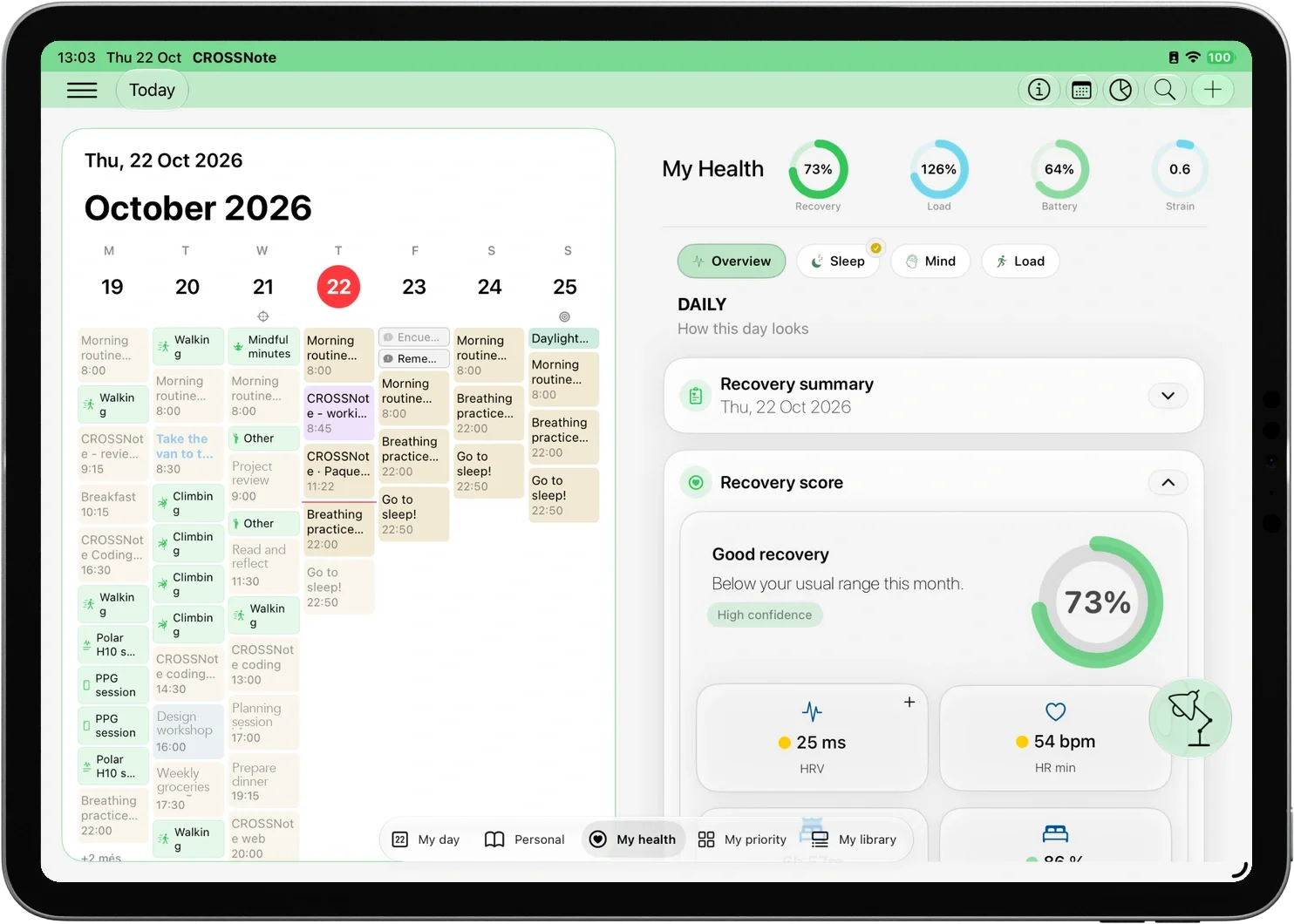 CROSSNote calendar and recovery dashboard on iPad