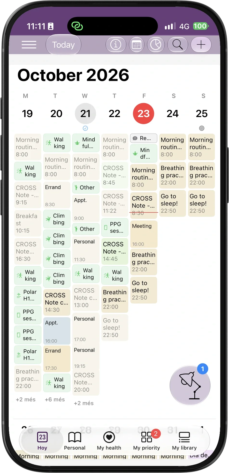 CROSSNote calendar in light mode showing a week of plans and recorded activities