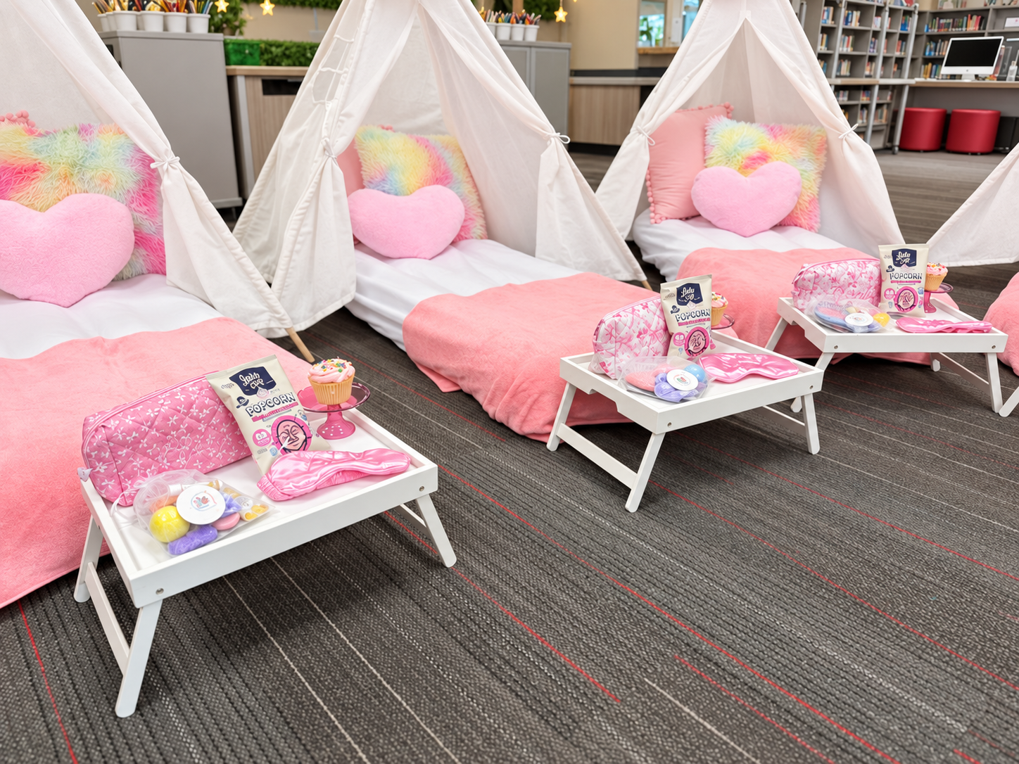 Three white sleepover tents with soft pink blankets, heart-shaped pillows, and styled bedside trays