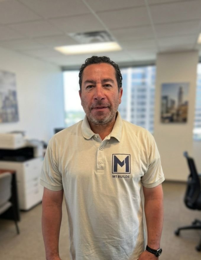Man, gray beard, M1 Builds, white polo shirt, office, professional, construction, builder