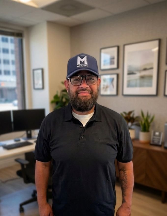 Man, full beard, wearing blue cap, M1 Builds, blue polo shirt, office, professional, construction, builder