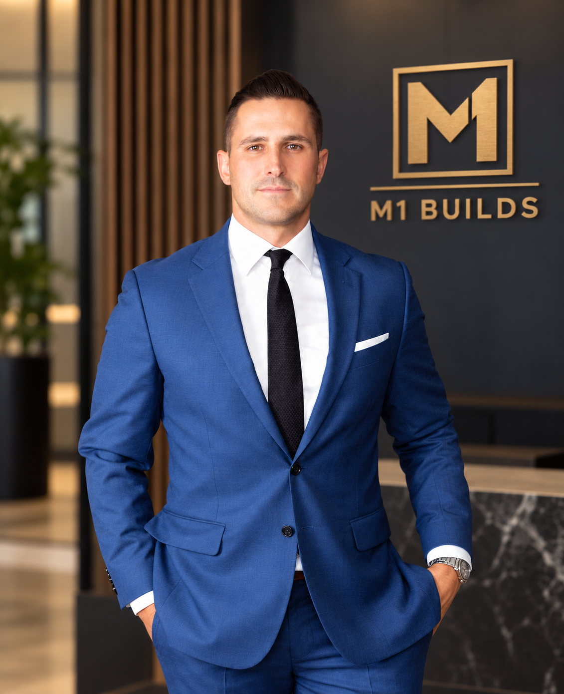 Man in blue suit, white shirt, black tie, colorful pocket square, dark background, professional attire, business casual, men's fashion.