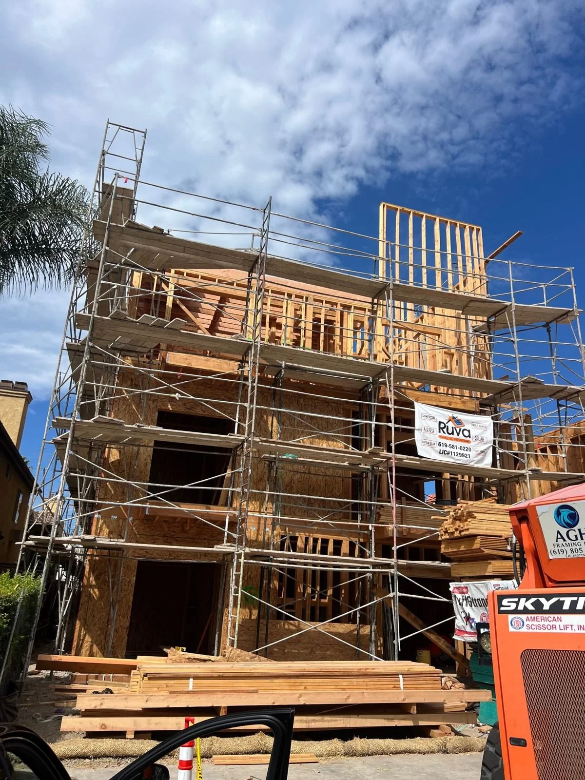 3966 Iowa wood framing wrapped in scaffolding