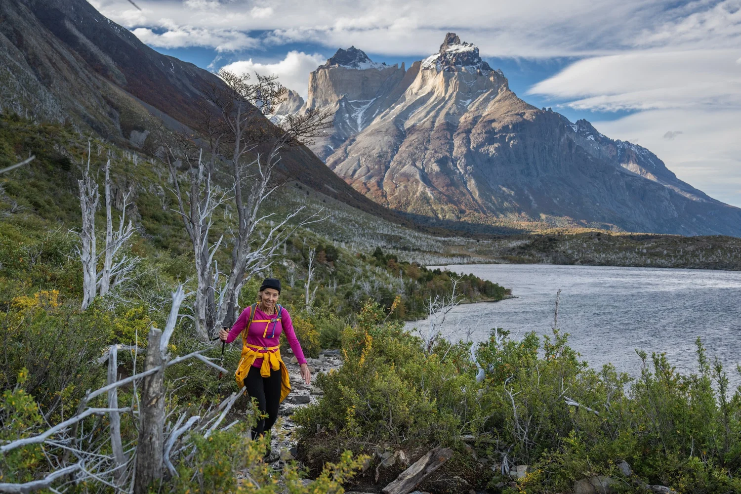 On the trail beside the glacial lake, the Cuernos ahead