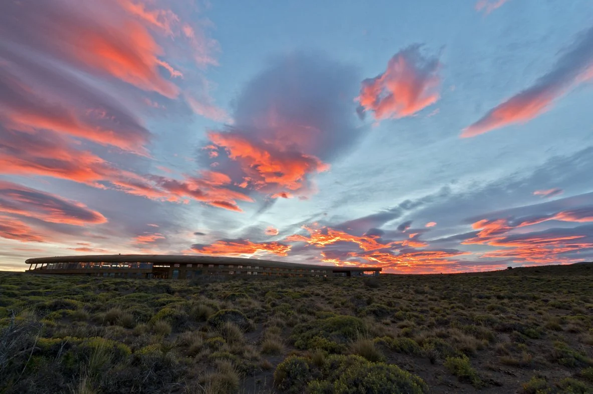 Sunset over the lodge and the open steppe