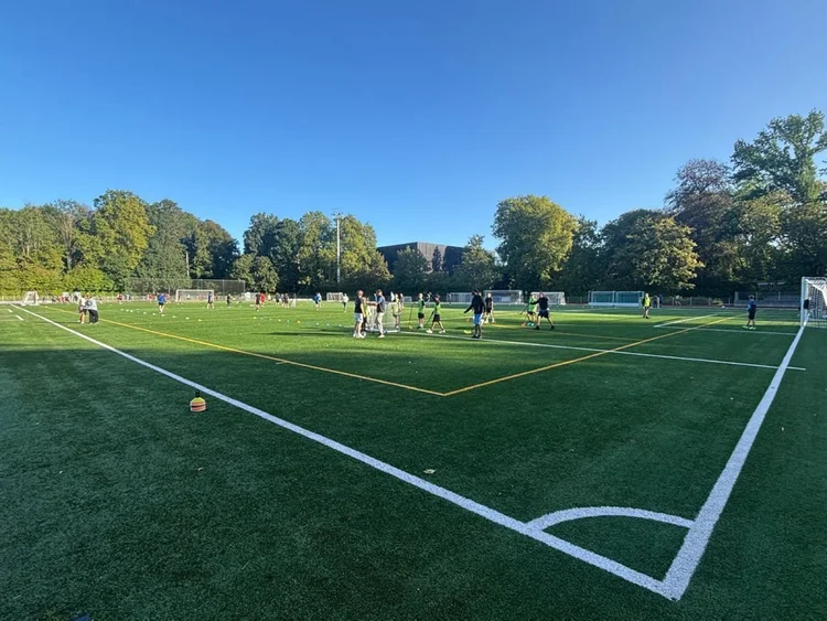 Het kunstgrasveld op de campus