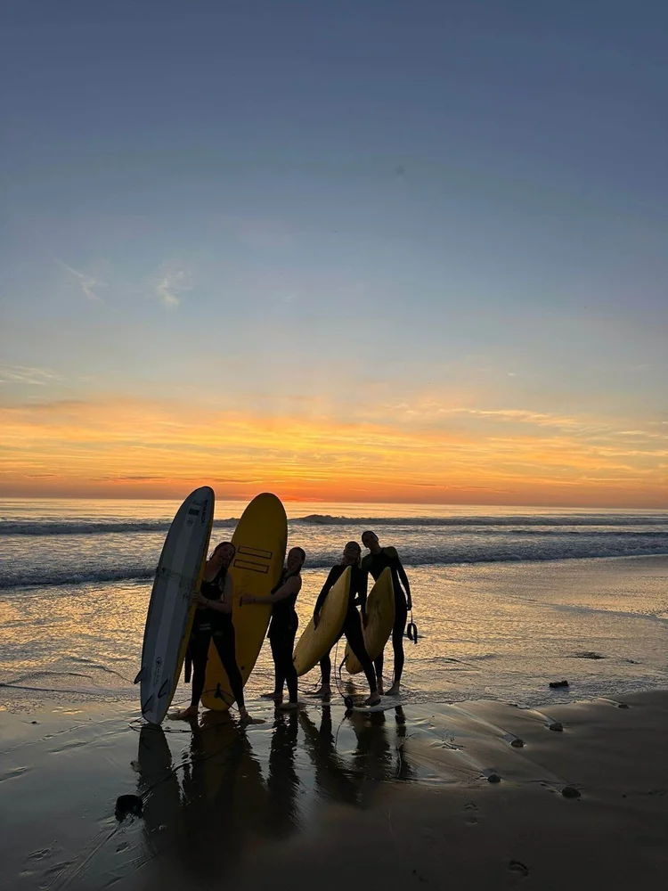 Silhouetten van leerlingen met surfplanken aan zee