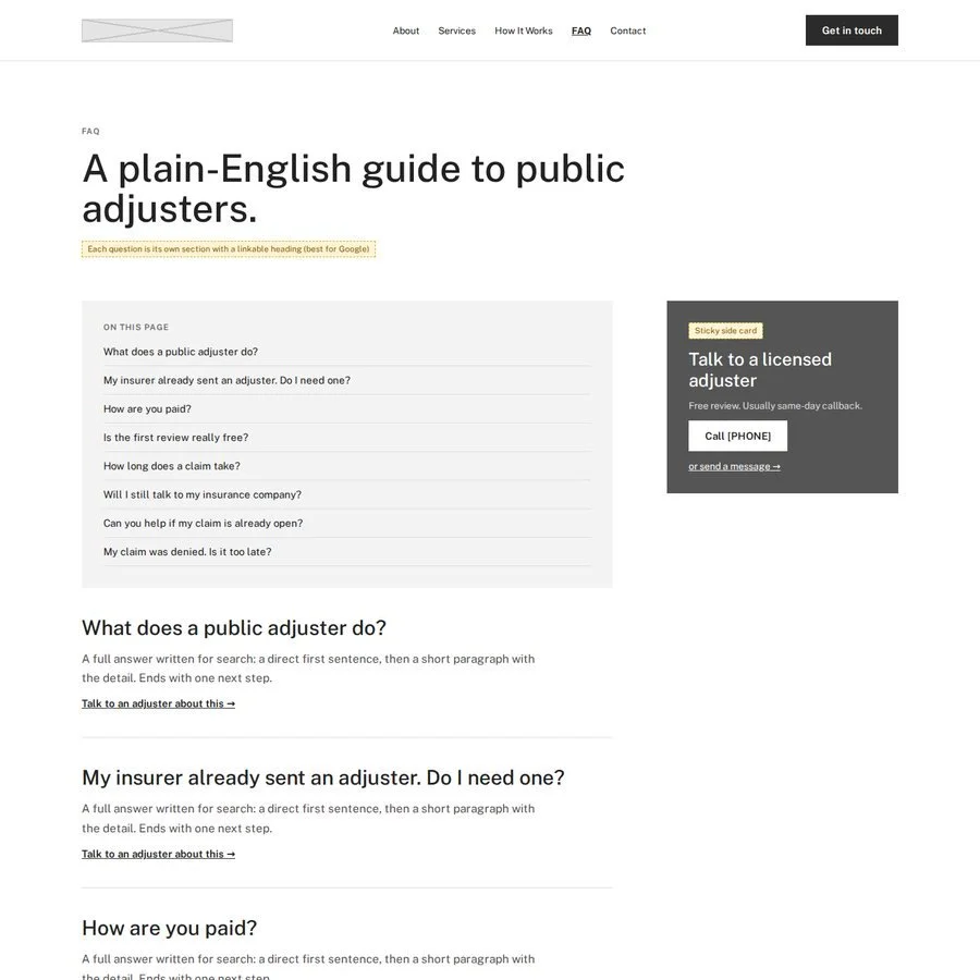 FAQ wireframe