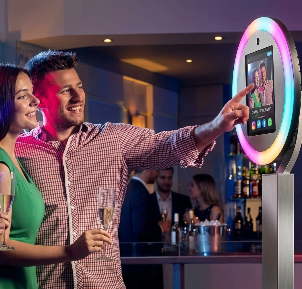 Guests using a ring-light selfie photo booth with instant digital sharing at a Boise event
