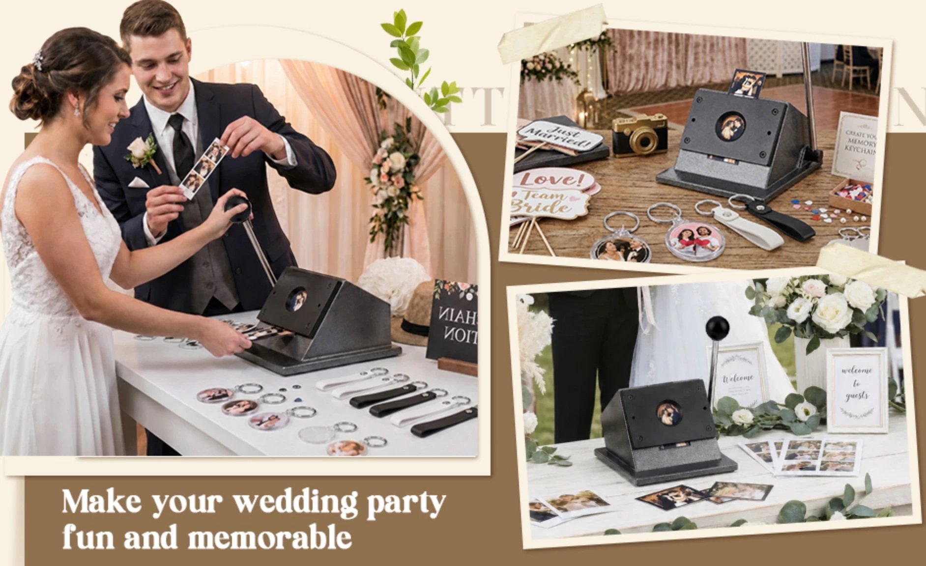 Bride and groom making custom photo keychains at the leather keychain station at their wedding