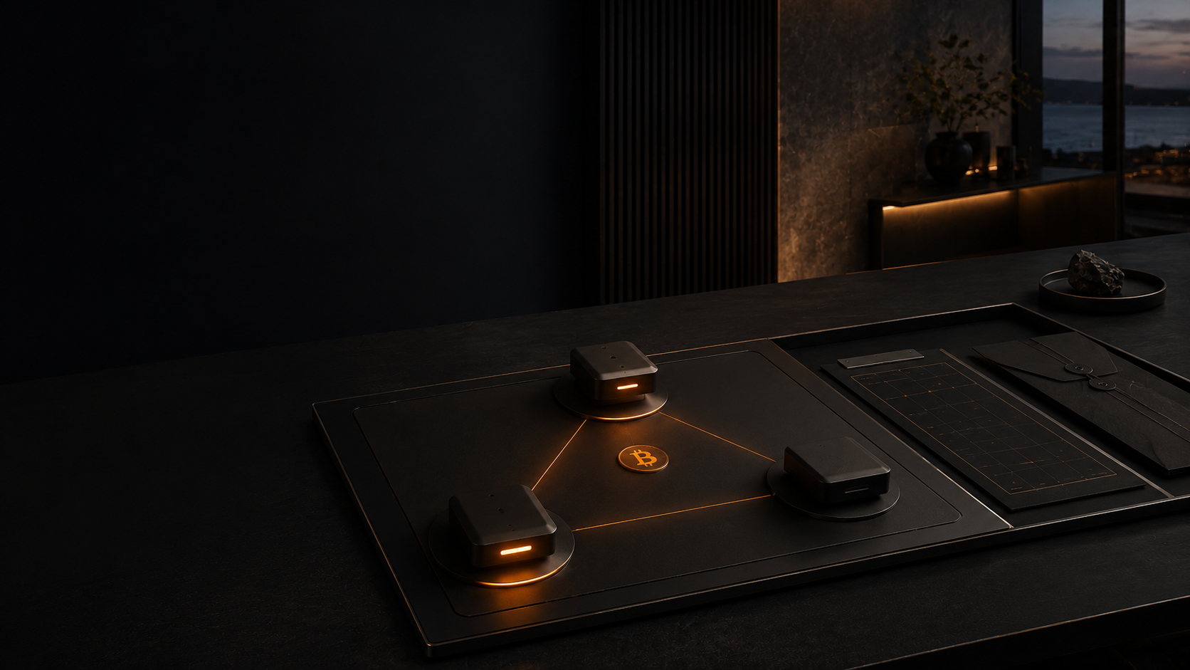 Three multisig hardware devices connected in a triangle around a Bitcoin coin on a dark executive desk, representing collaborative SMSF custody