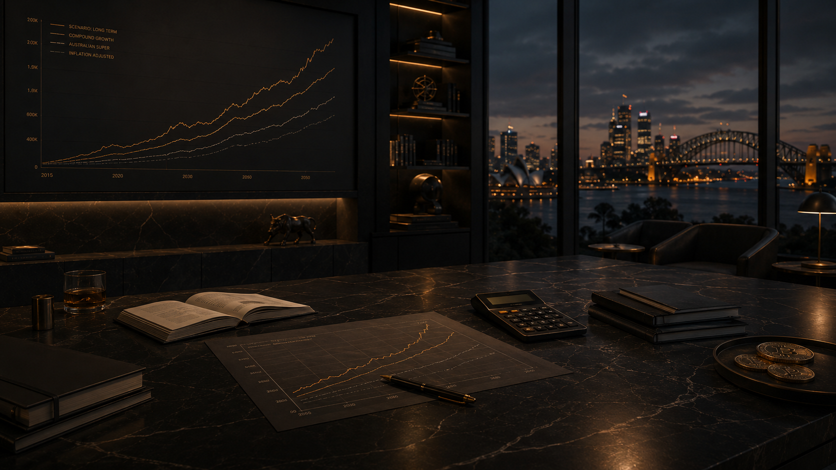 Executive desk with calculator, compound growth chart and Sydney harbour view at night