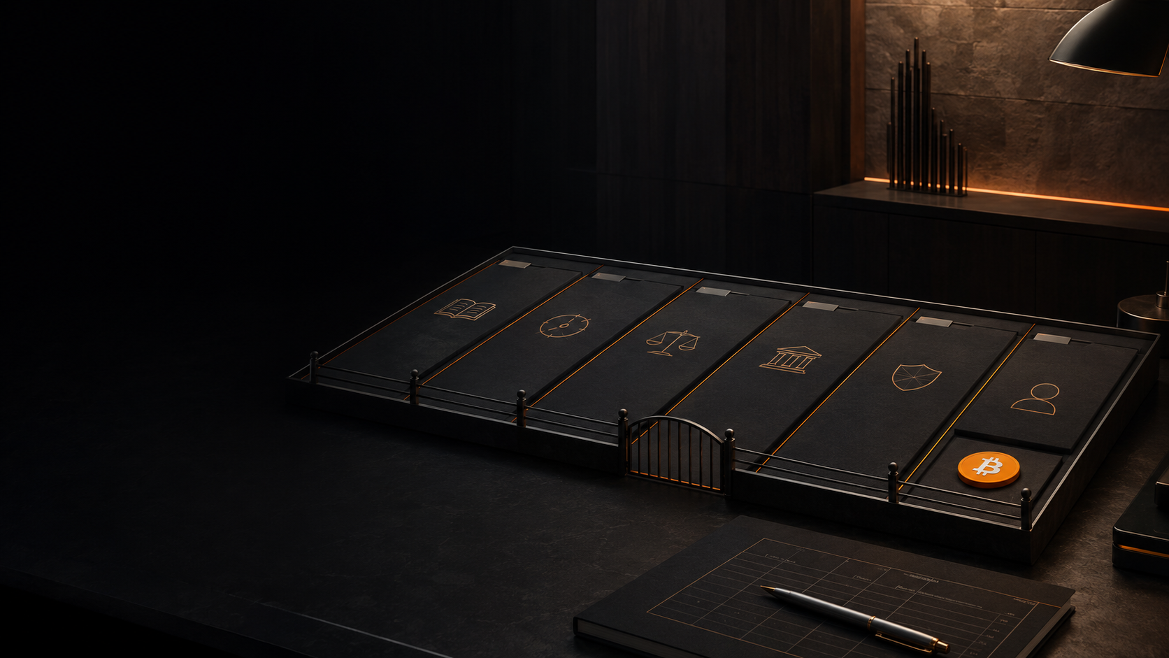 Boundary panels with education, compliance and responsibility icons on a dark desk beside a notebook and pen