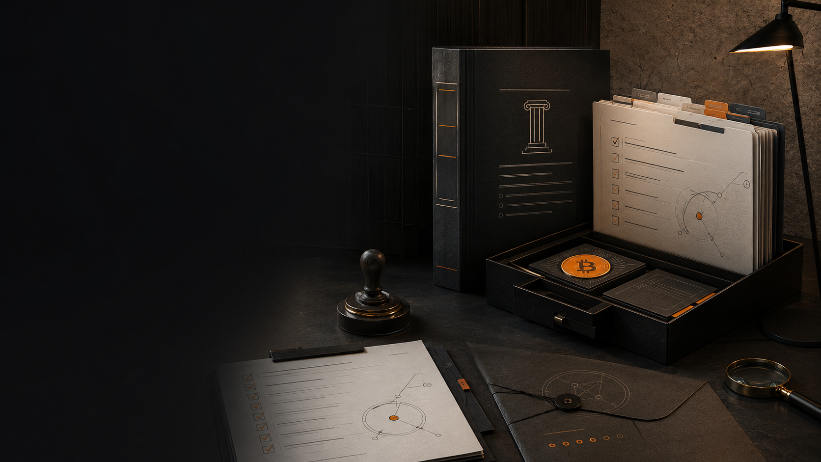 Compliance reference desk: legal binder, audit checklist, magnifying glass and Bitcoin in an SMSF documentation setting
