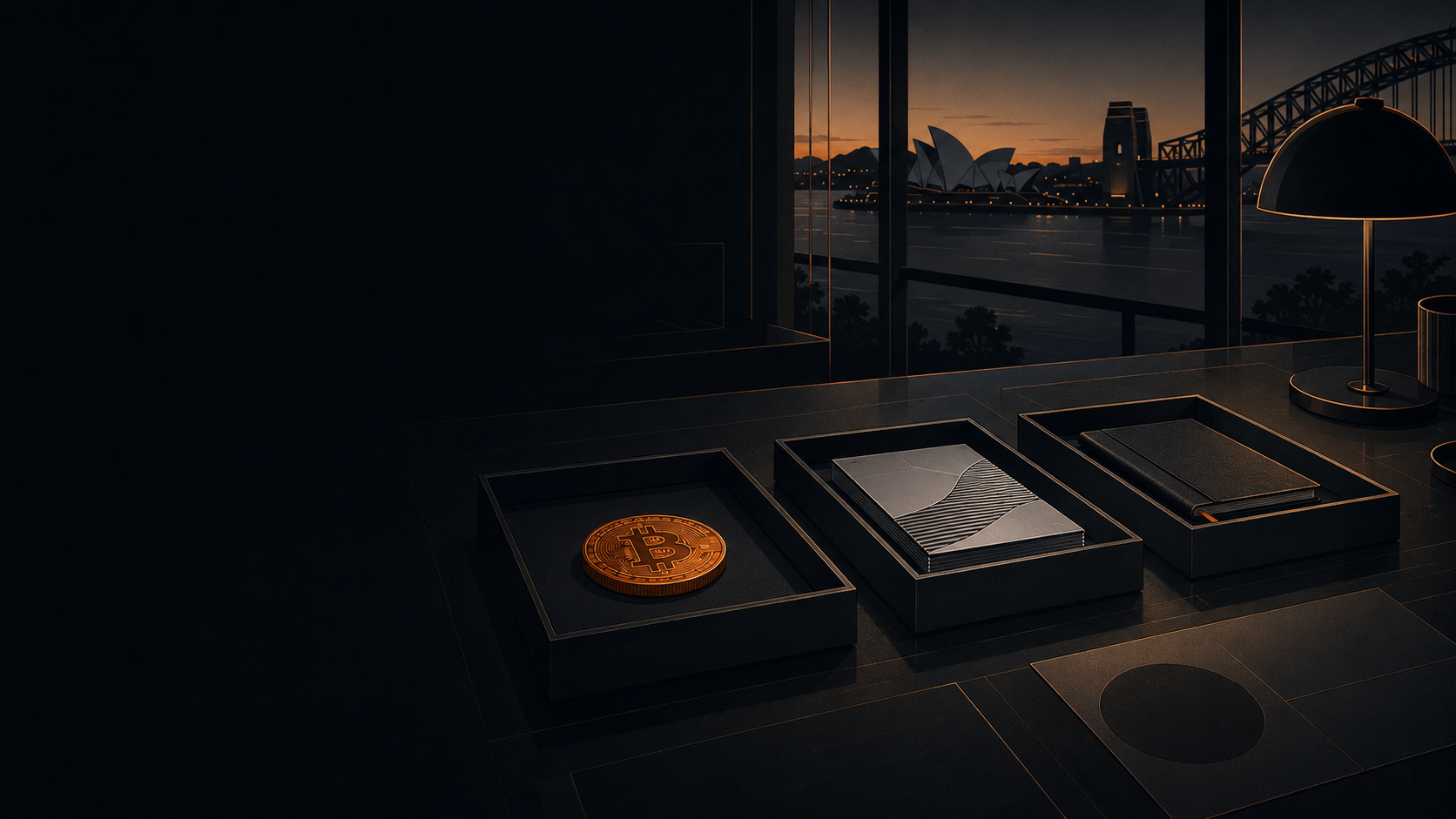 Retirement architecture desk with Bitcoin, custody hardware and Sydney harbour at dusk