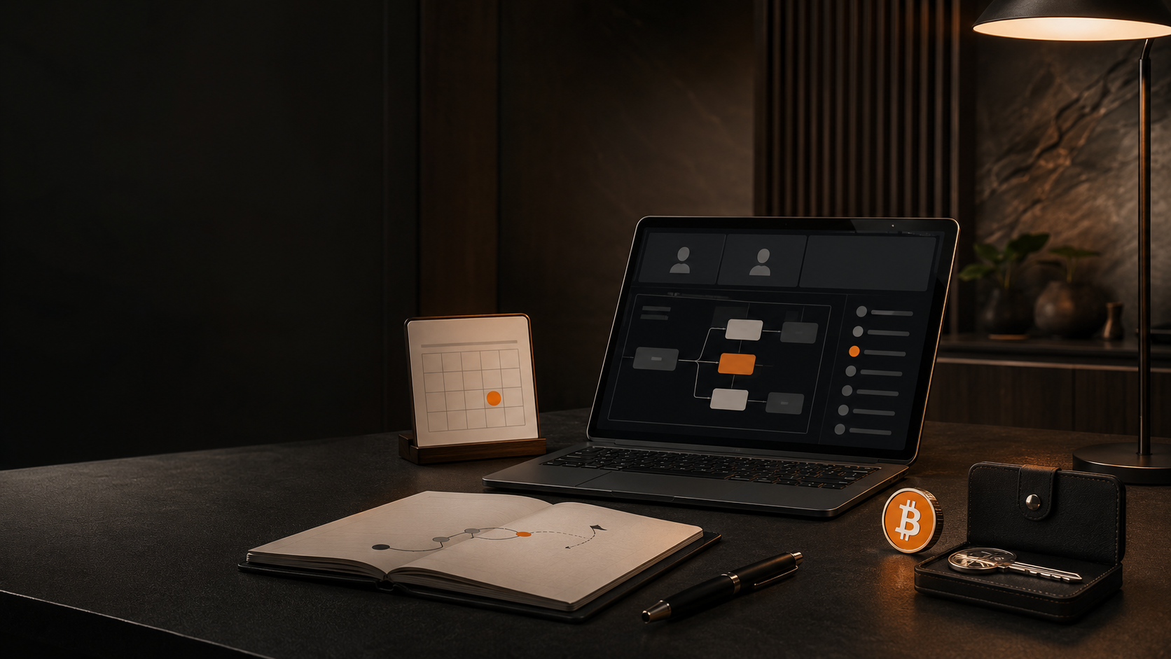 Navigation call workspace: calendar, planning notebook, workflow on laptop and Bitcoin on a dark desk