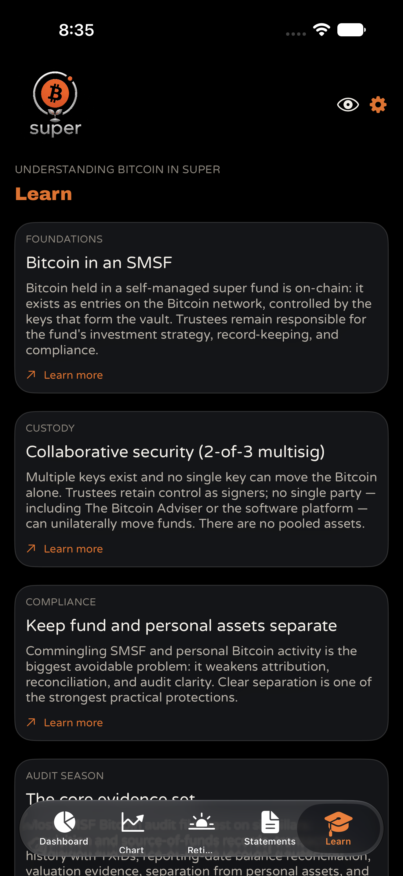 Bitcoin Super Learn: trustee education modules for SMSF and Bitcoin custody
