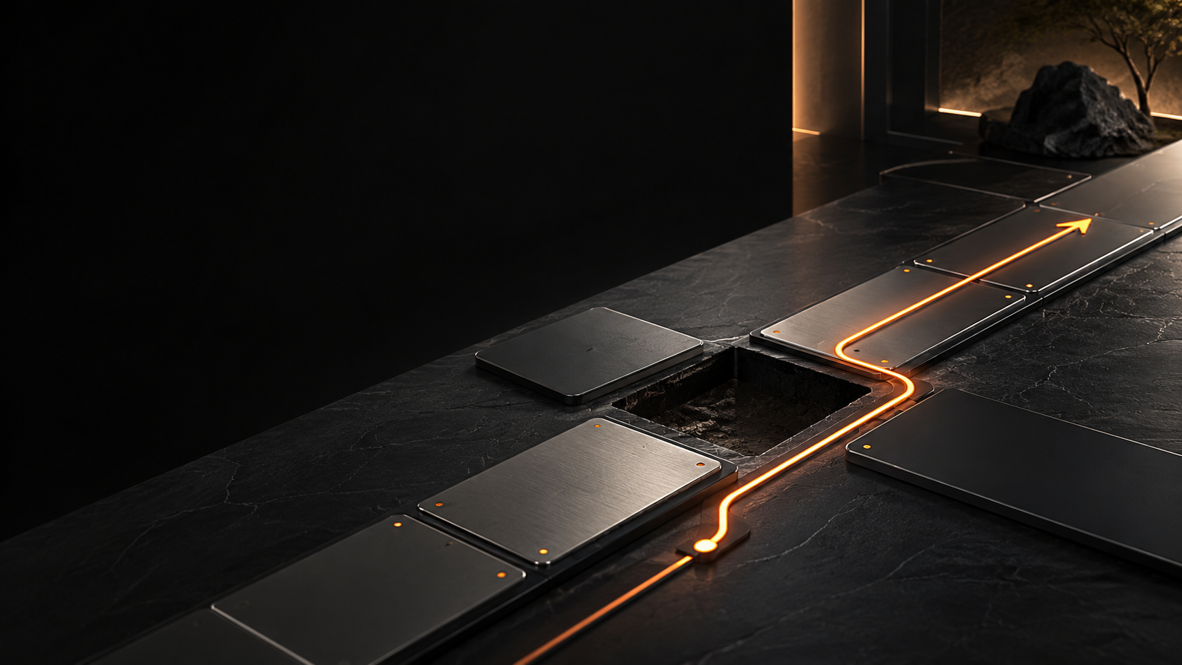Broken path with a missing tile and a glowing orange line detouring forward, representing navigation past a missing page