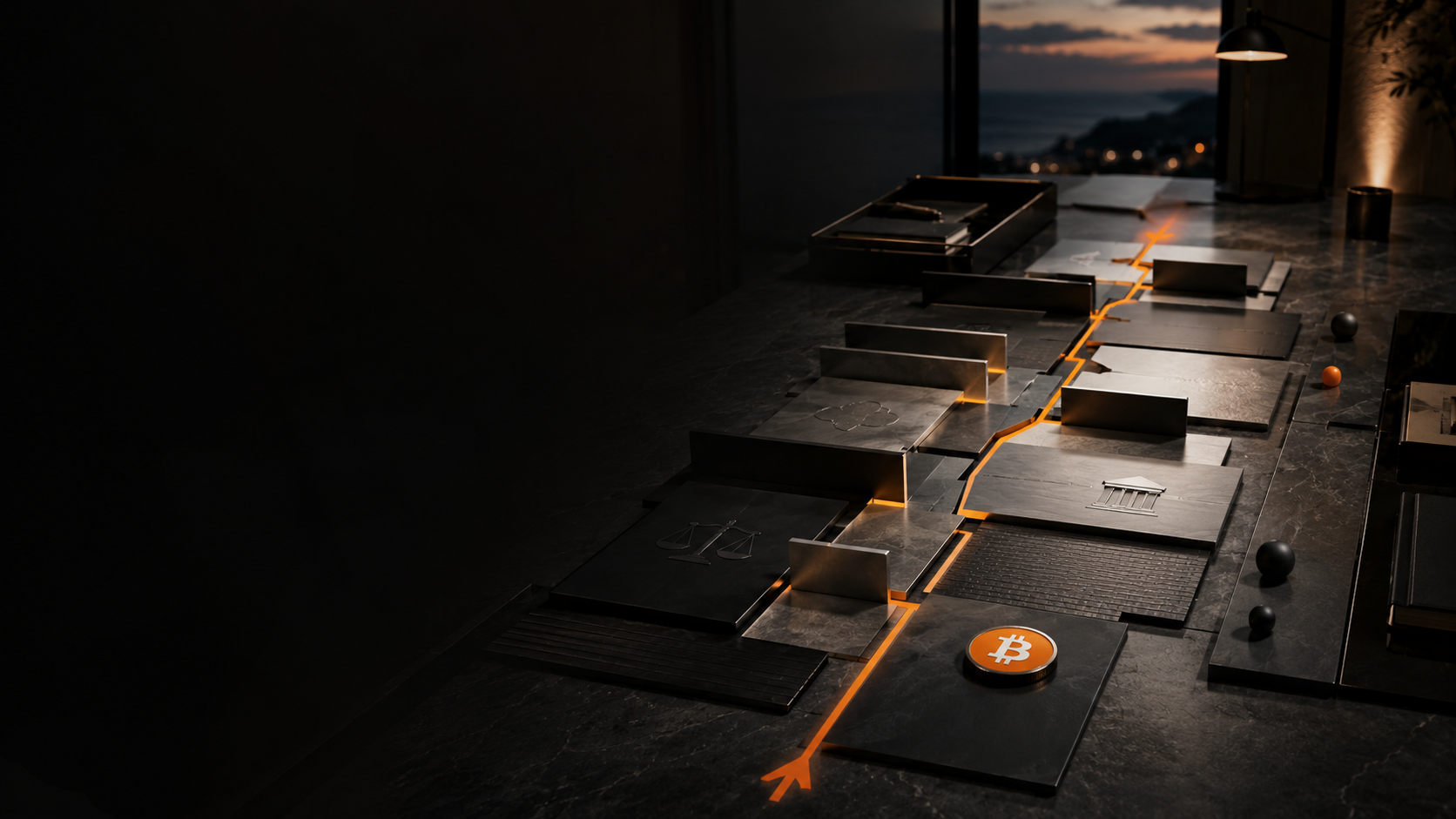 Policy pathway on a dark desk: a glowing orange line navigating legal and government barriers around a Bitcoin coin, representing adapting SMSF strategy to rule changes