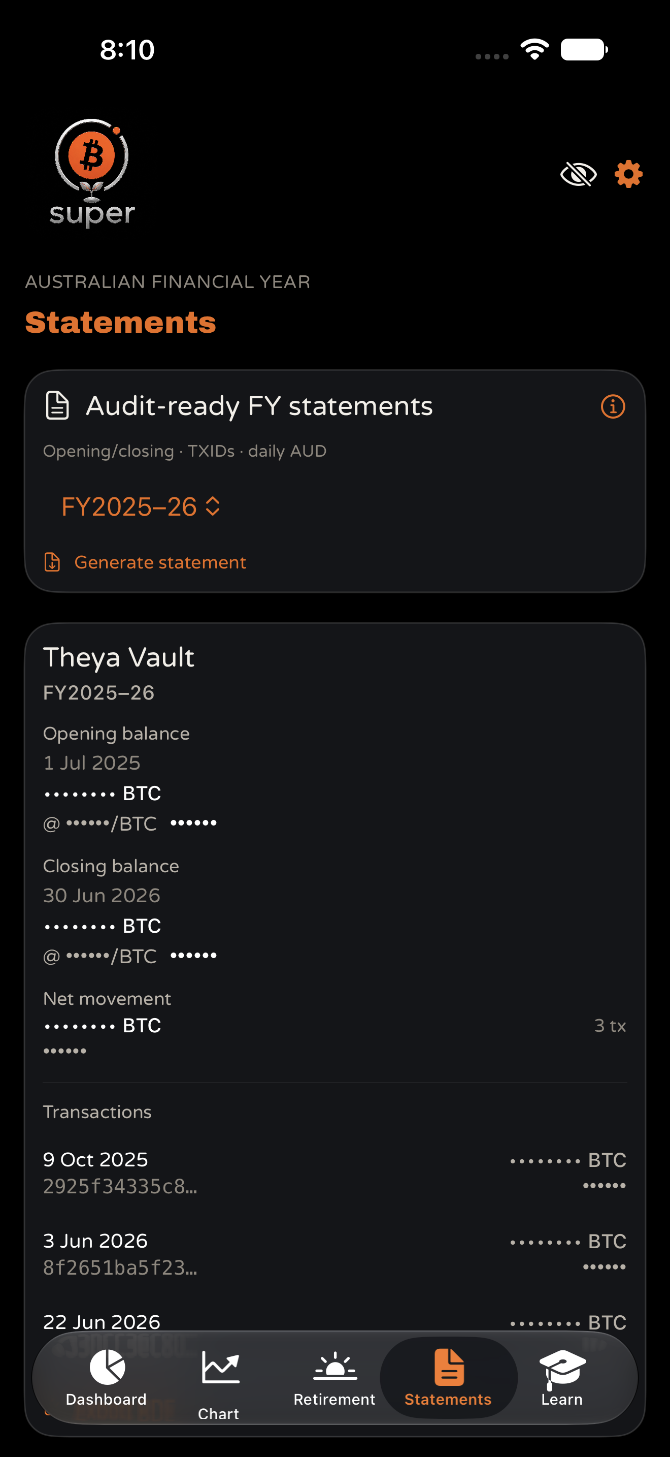 Bitcoin Super Statements: Australian financial year statement with opening balance, transactions and TXIDs