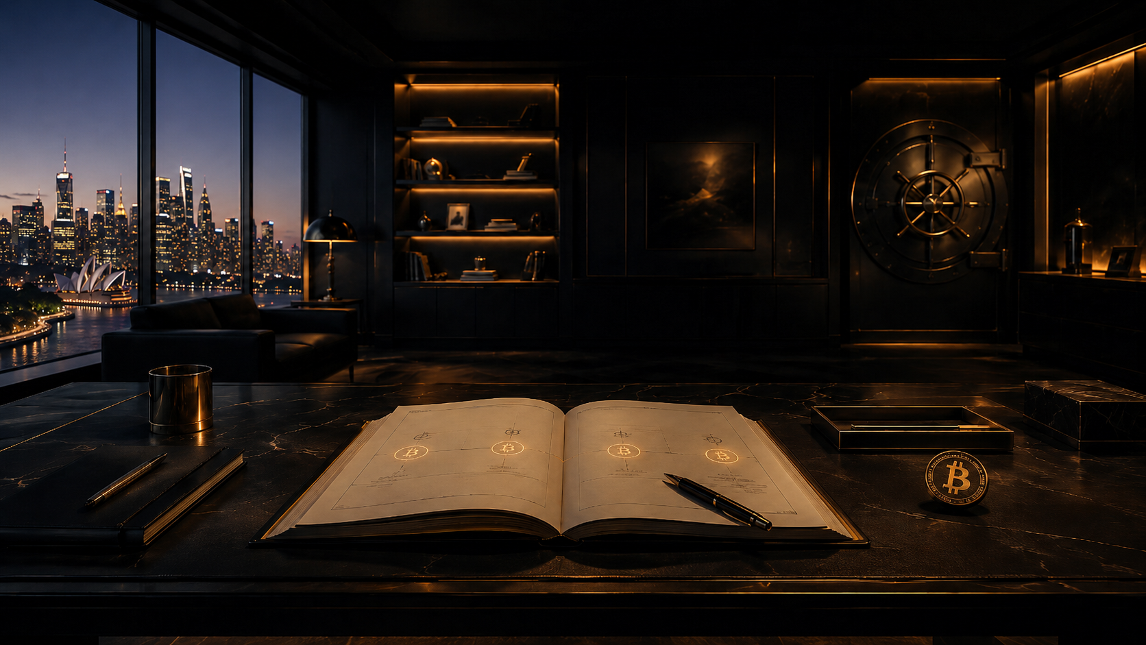Executive office overlooking Sydney harbour with vault door and open book showing bitcoin diagrams