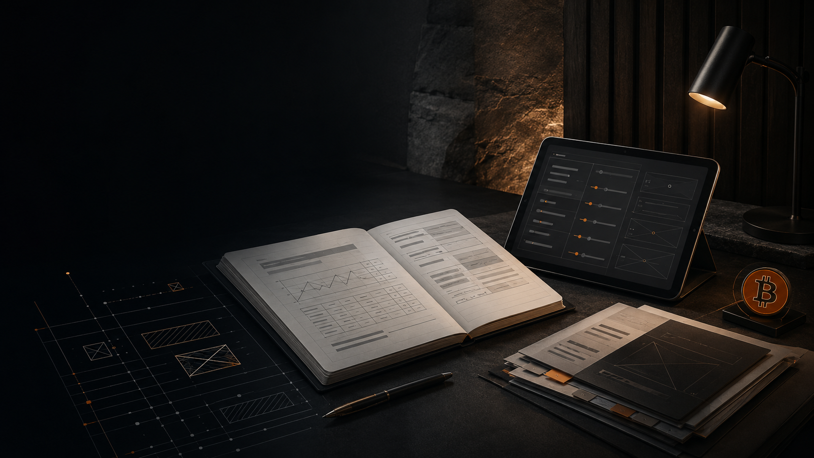 Methodology workspace: open ledger with charts, tablet with scenario controls and planning diagrams on a dark desk