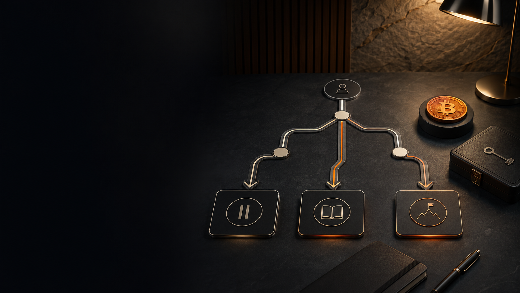 Readiness check flowchart on a dark desk with pause, learn and proceed paths beside Bitcoin and a key case