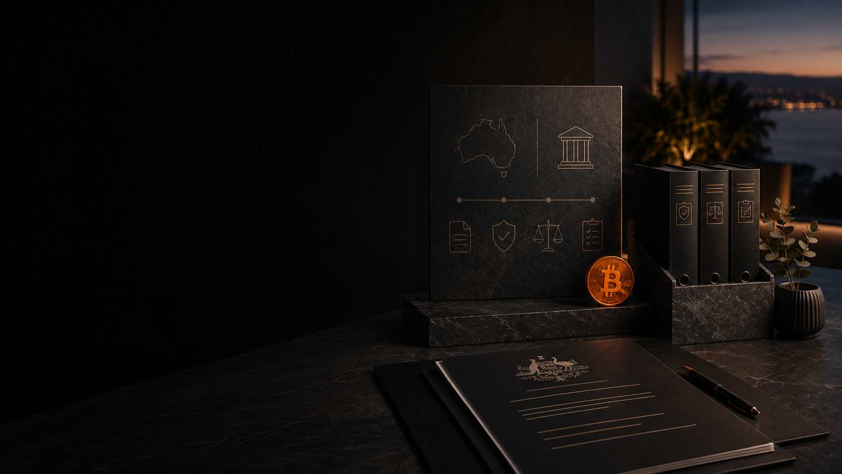 Legal and compliance desk with Australian regulatory symbols, SMSF documentation and a Bitcoin coin representing lawful SMSF holdings