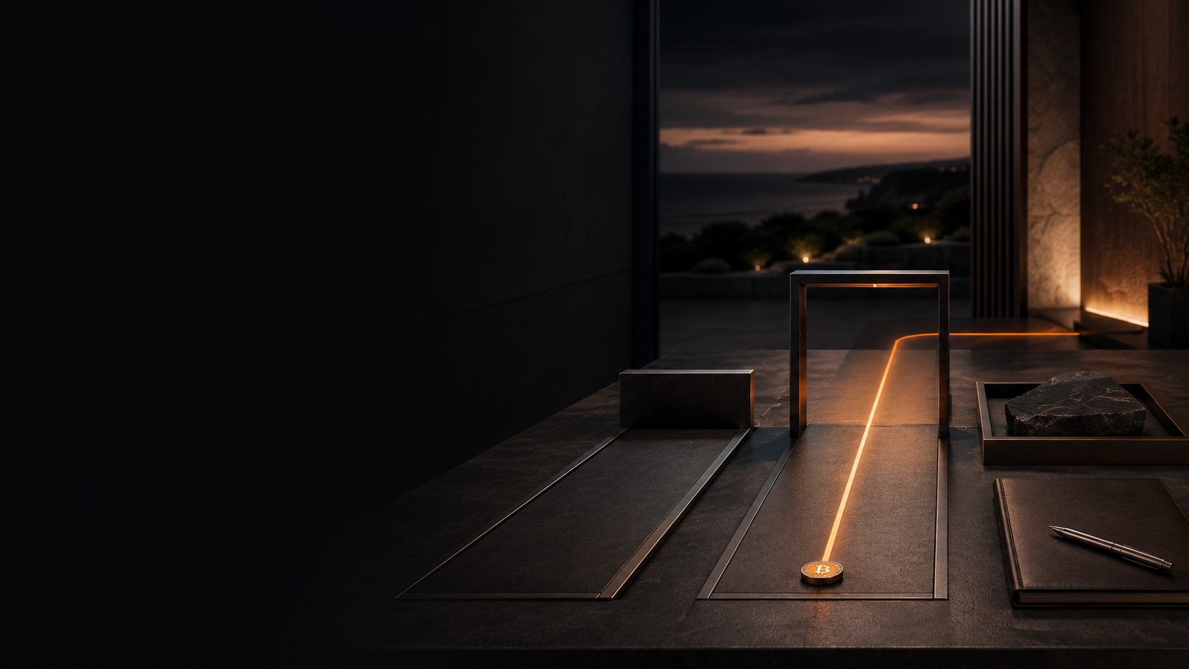 Decision filter motif: two paths on a dark desk, one ending at a block and one guiding a Bitcoin coin through a gate along a glowing orange line