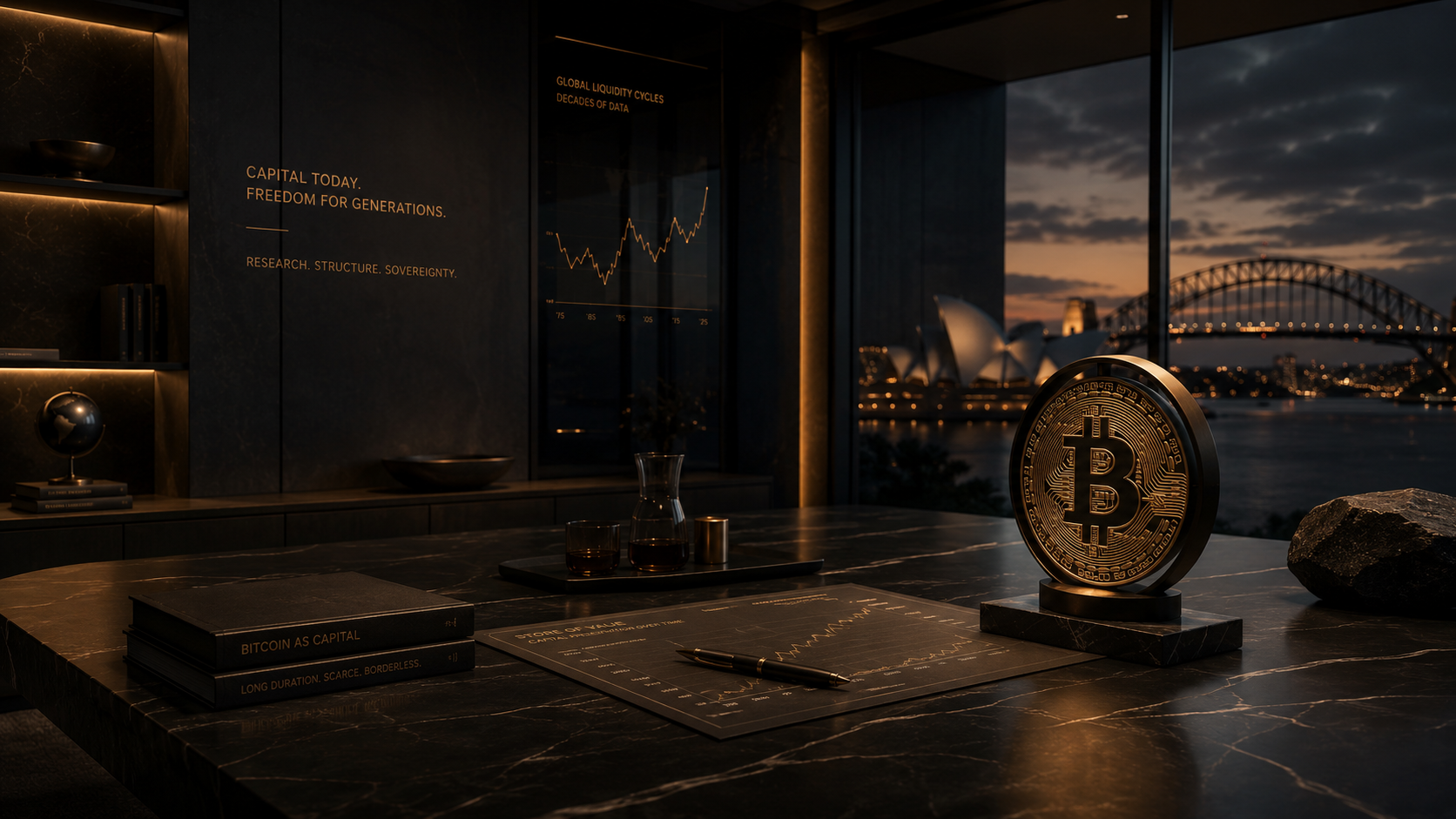 Executive desk with Bitcoin as Capital book, Sydney harbour view and long-duration capital research