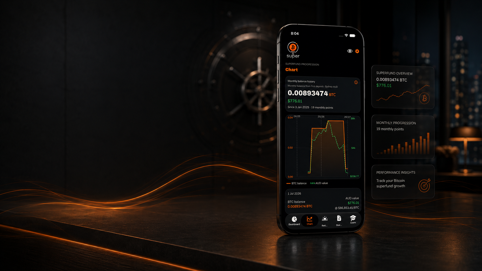 Bitcoin Super app on iPhone with vault security backdrop and superfund progression chart