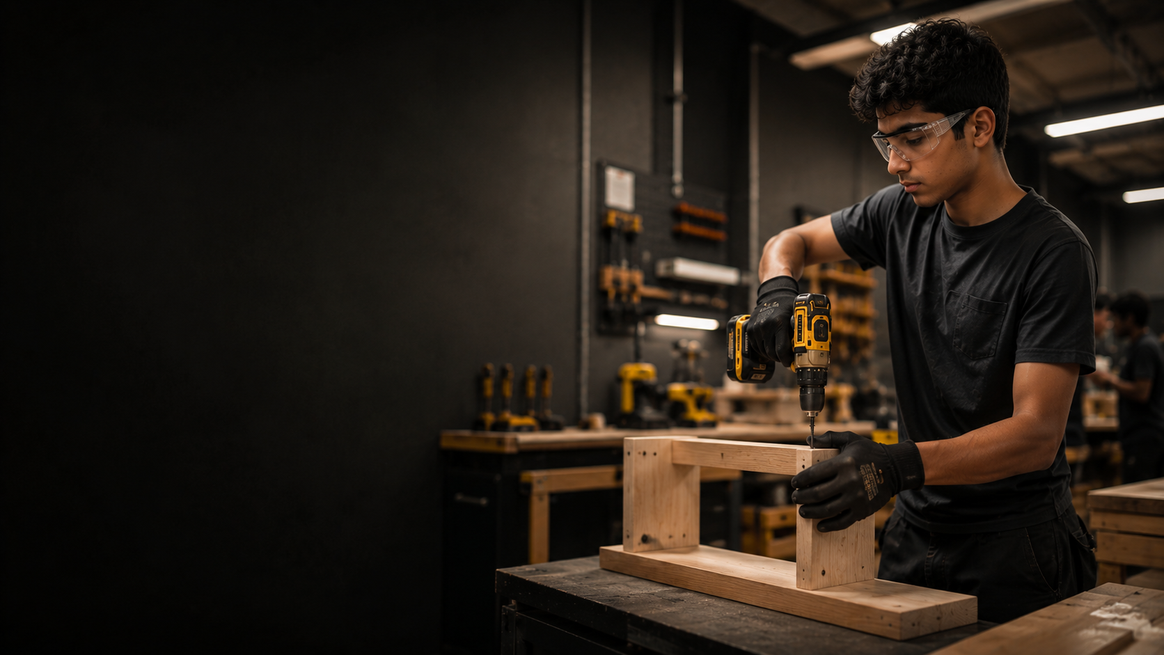 Teen learning skilled trades using tools in workshop