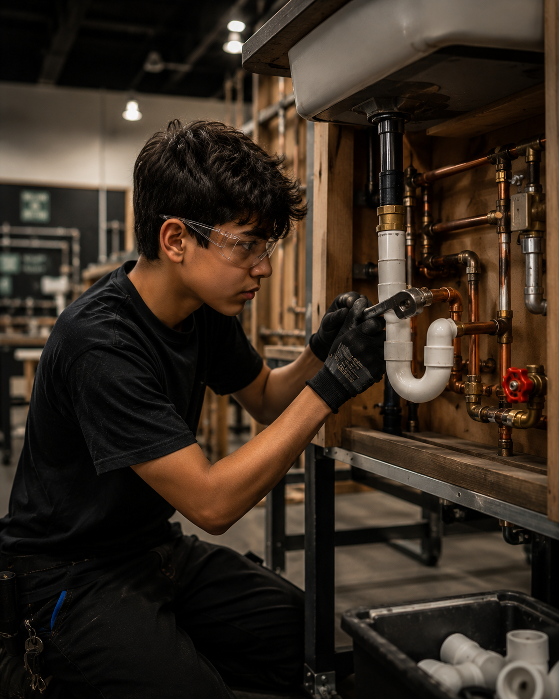 Teen learning plumbing basics