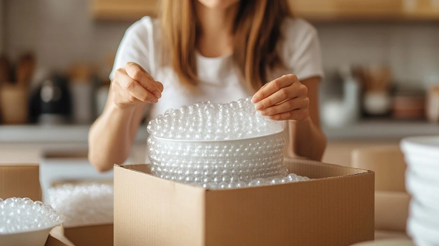 Hands wrapping a stack of white bowls in bubble wrap over a moving box