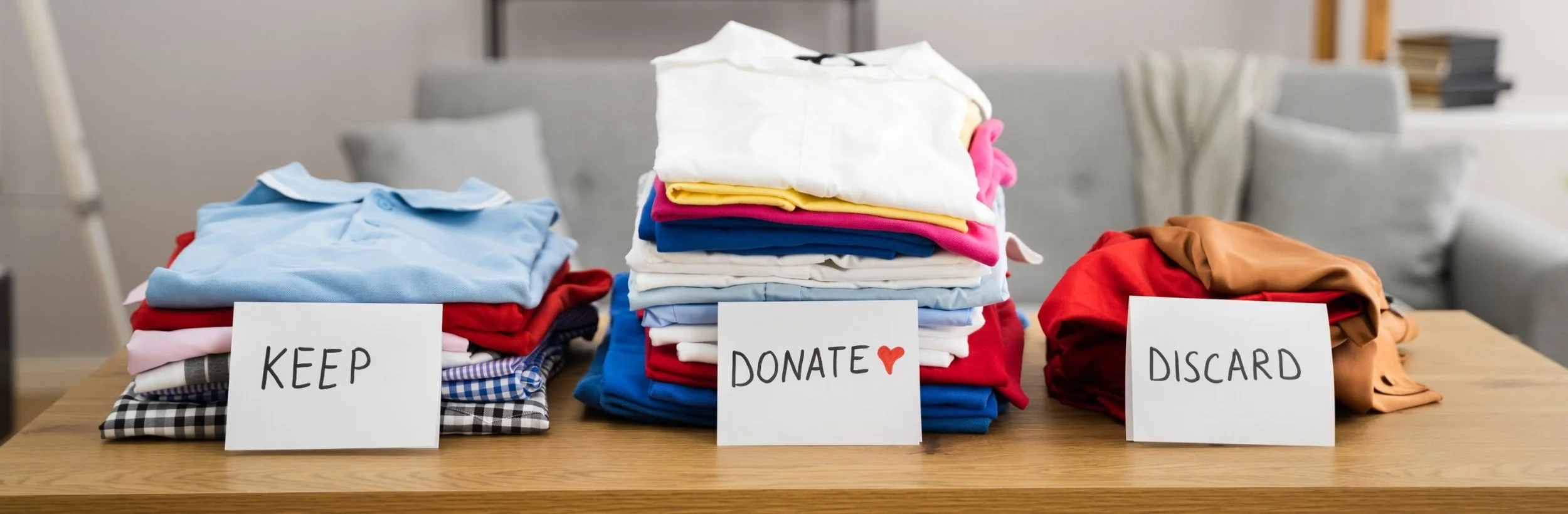 Folded clothes sorted into three stacks labeled keep, donate and discard
