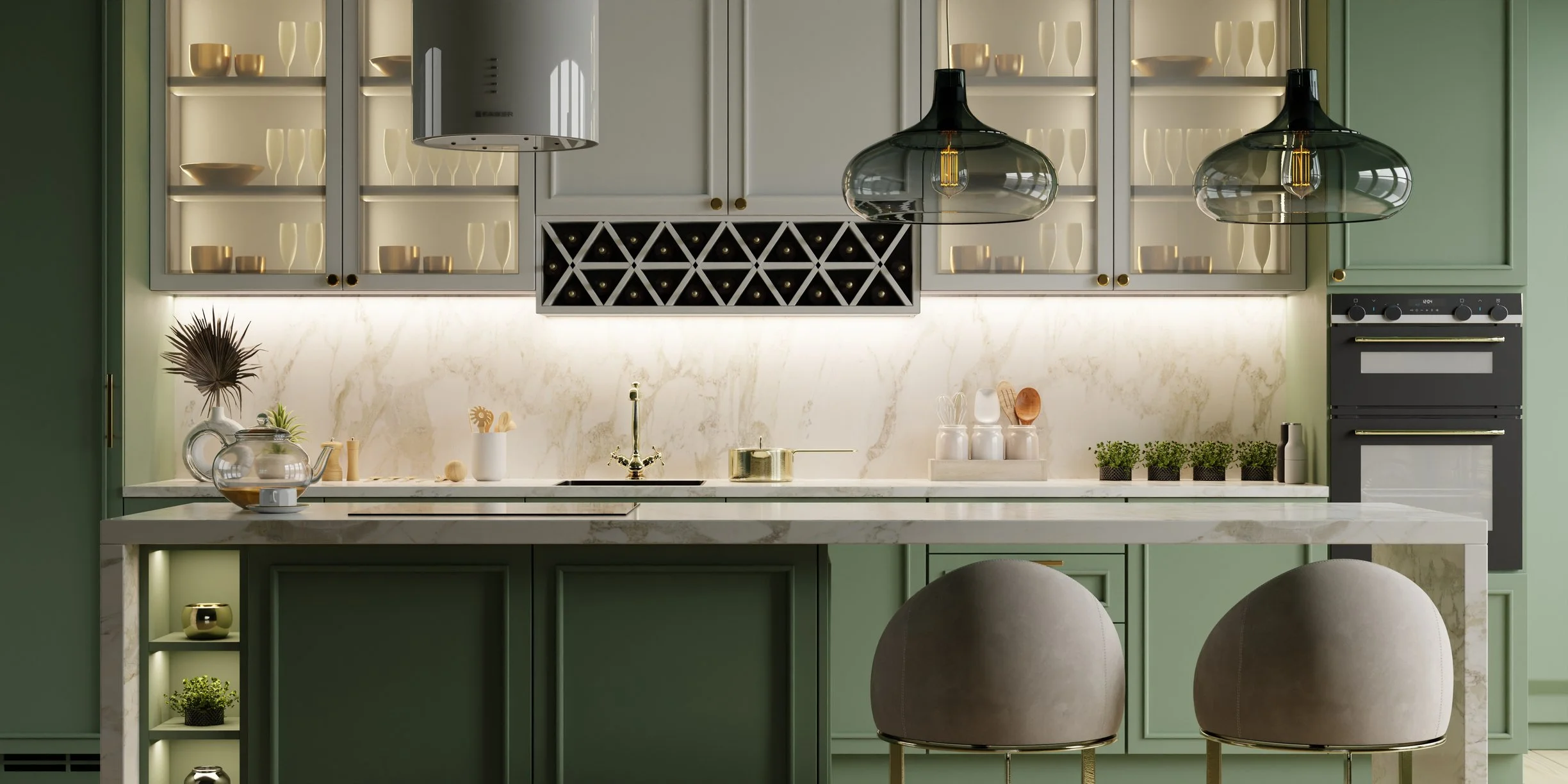A kitchen with soft sage-green cabinets, a deeper green island with a white marble waterfall top, brass hardware, smoky glass pendant lights and two rounded stools