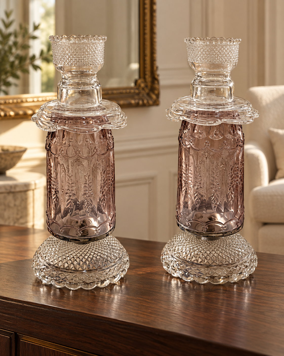 The Evening Archive pair styled on a walnut console in an elegant interior