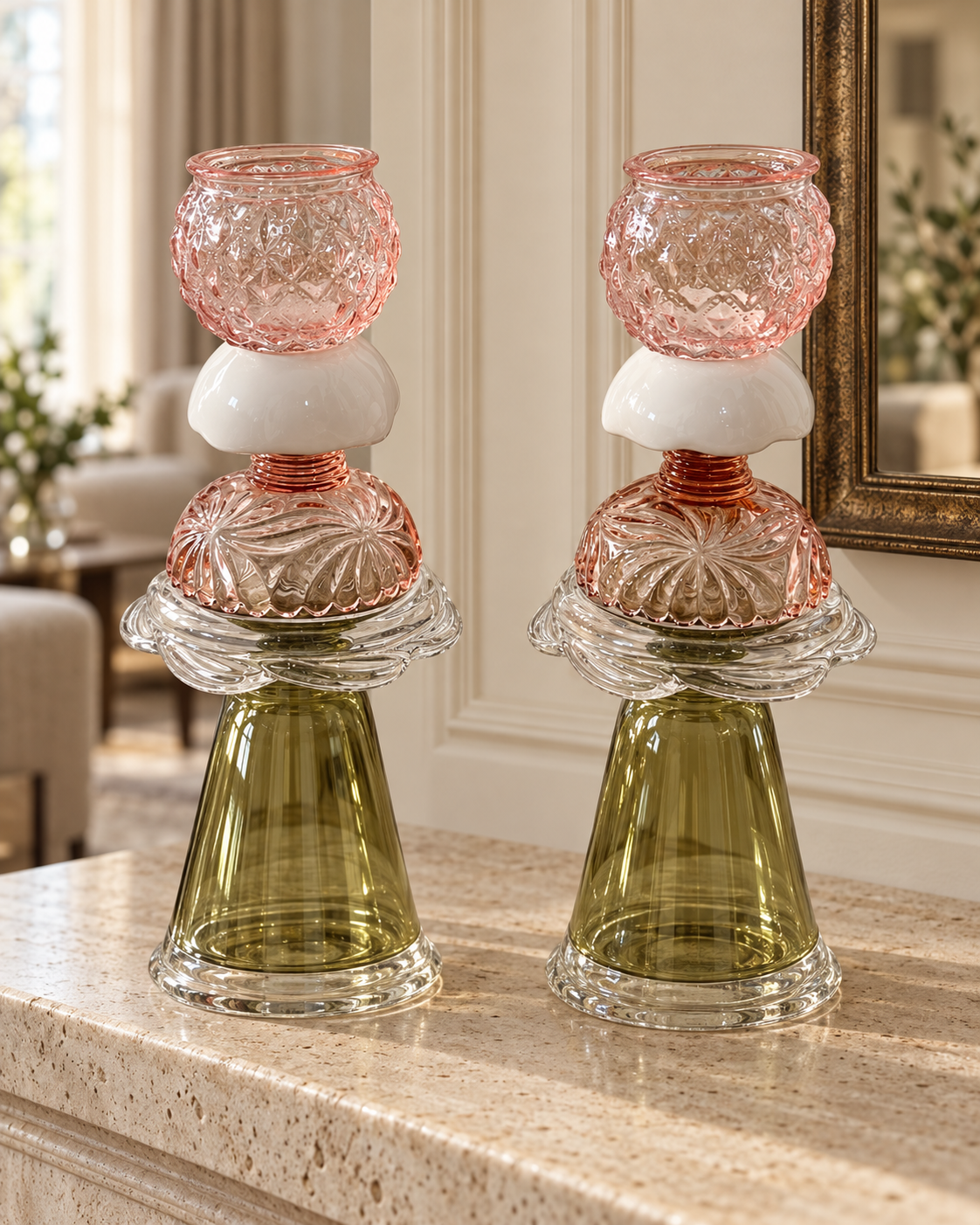 A Rosy Remembrance pair styled on a travertine console in an elegant interior