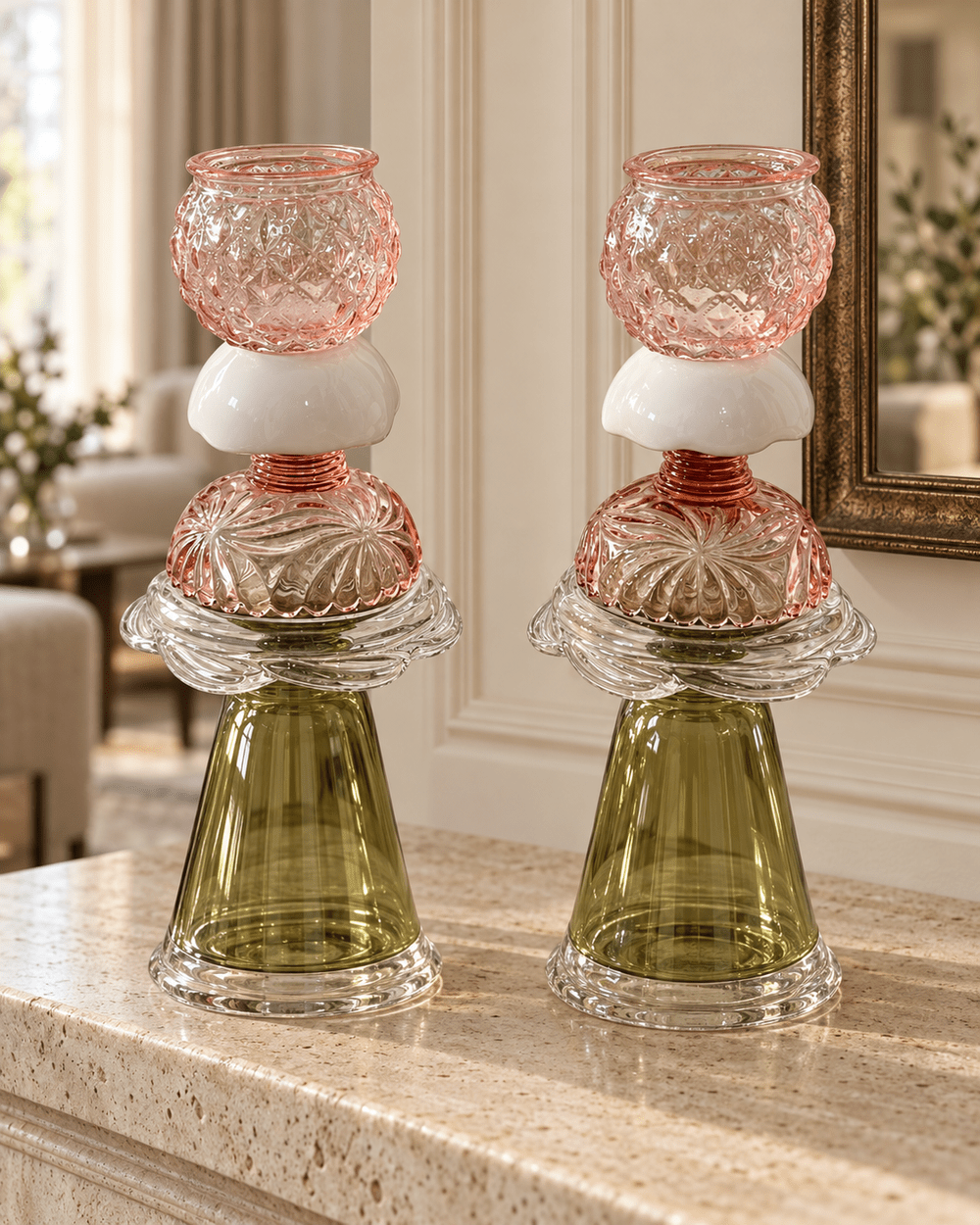 A Rosy Remembrance, a pink, white and olive-green sculpture pair on travertine in a digitally styled interior