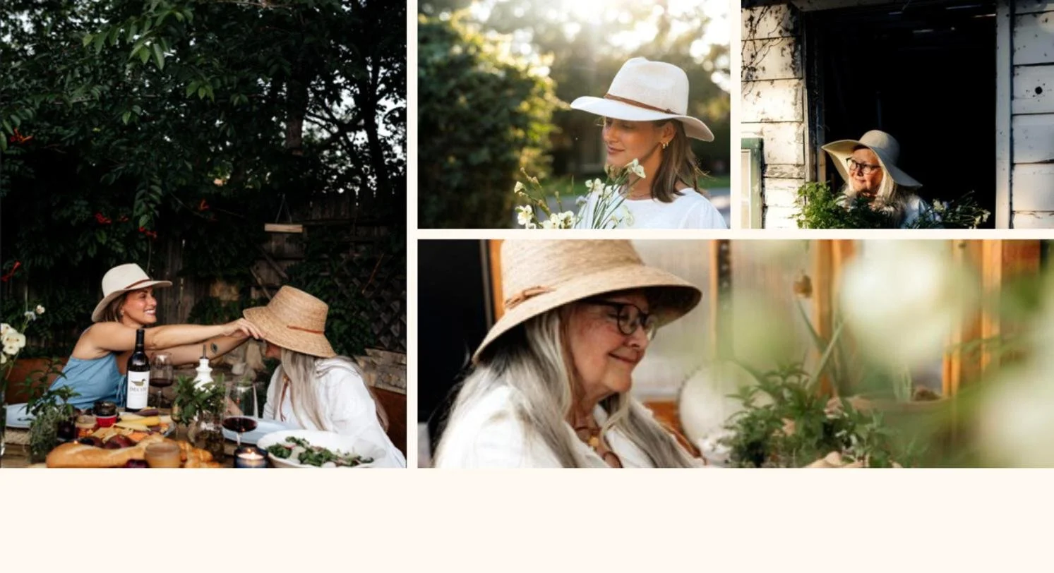 Vine and Fig brand photos: a garden dinner, the founder with fresh-cut flowers, in the greenhouse doorway, and potting plants