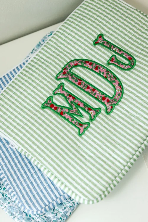 Monogrammed seersucker close up