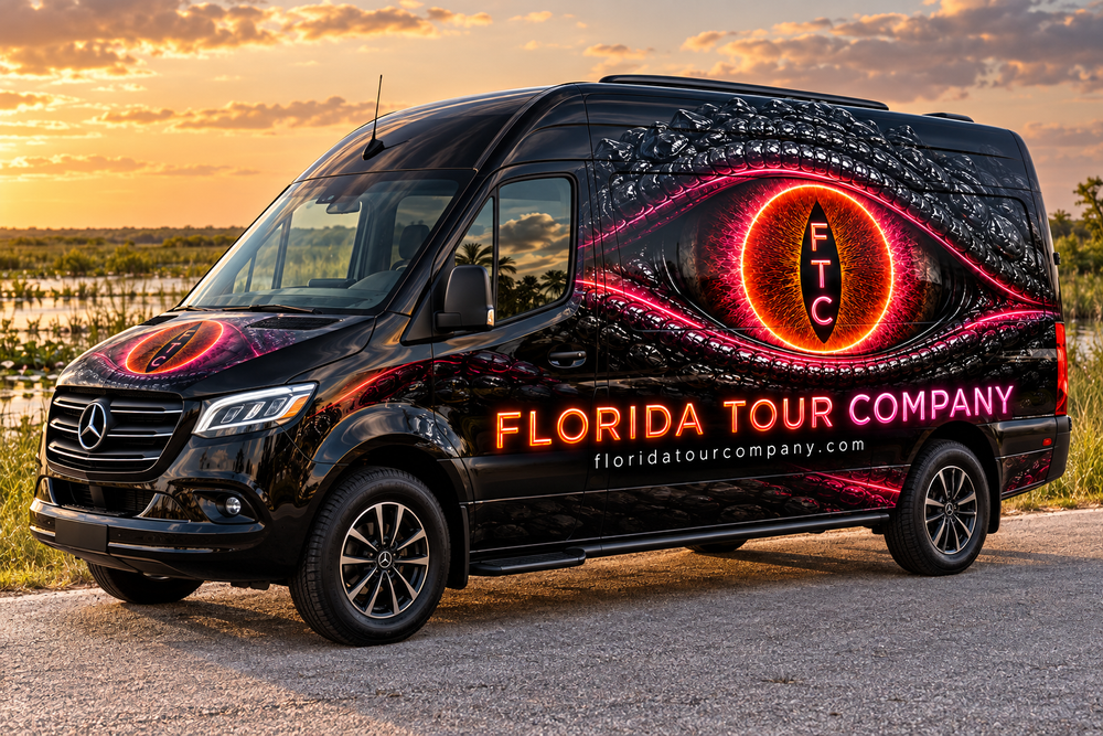 Concept rendering of a Florida Tour Company Sprinter van with an alligator-eye wrap