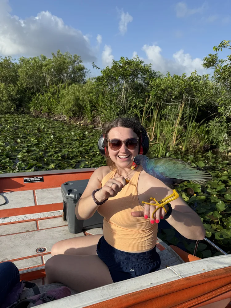 Guest holding a chameleon during a Florida wildlife encounter