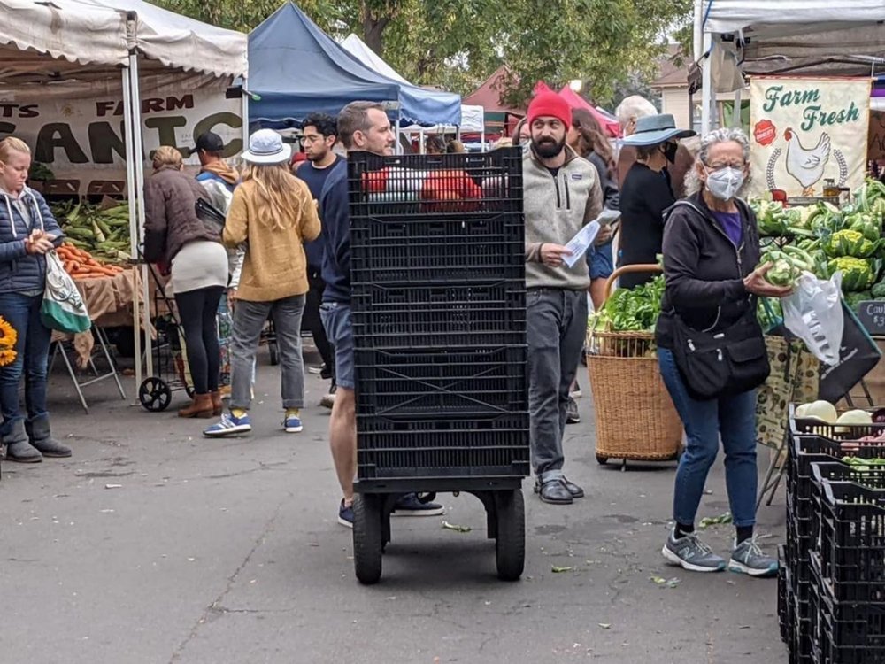 Shopping for fresh produce at an outdoor farmers market. A man pushes a cart stacked with black crates, and several vendors arrange vegetables at their stalls.