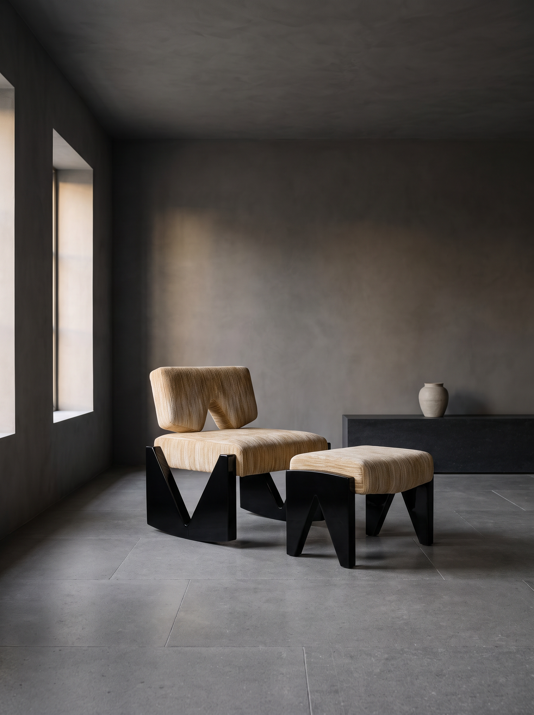 Slash Works Object 04 — ottoman with the Object 03 lounge chair in a dark stone room