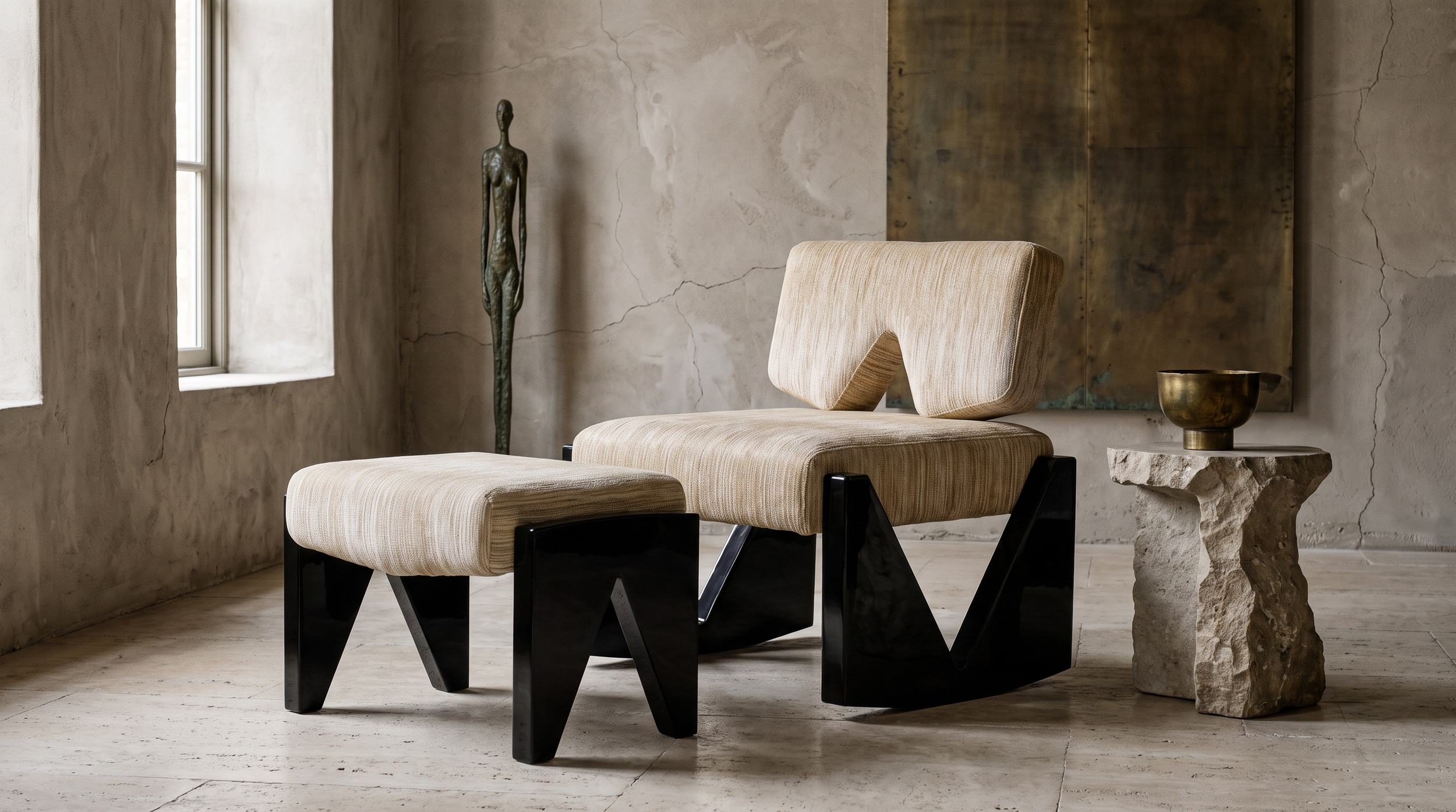 Slash Works Object 04 — ottoman with the Object 03 lounge chair beside a stone side table and brass panel