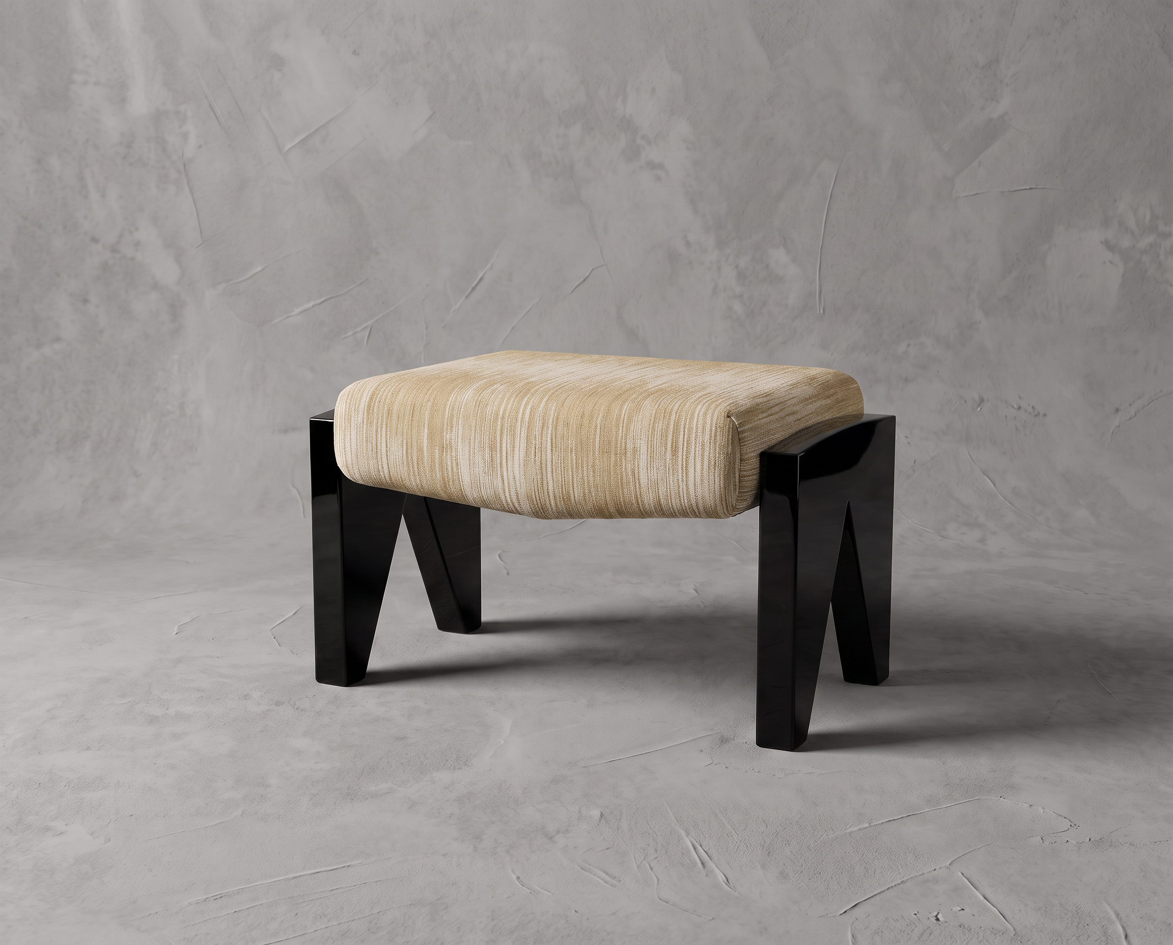 Slash Works Object 04 — ottoman on a plaster backdrop, three-quarter view