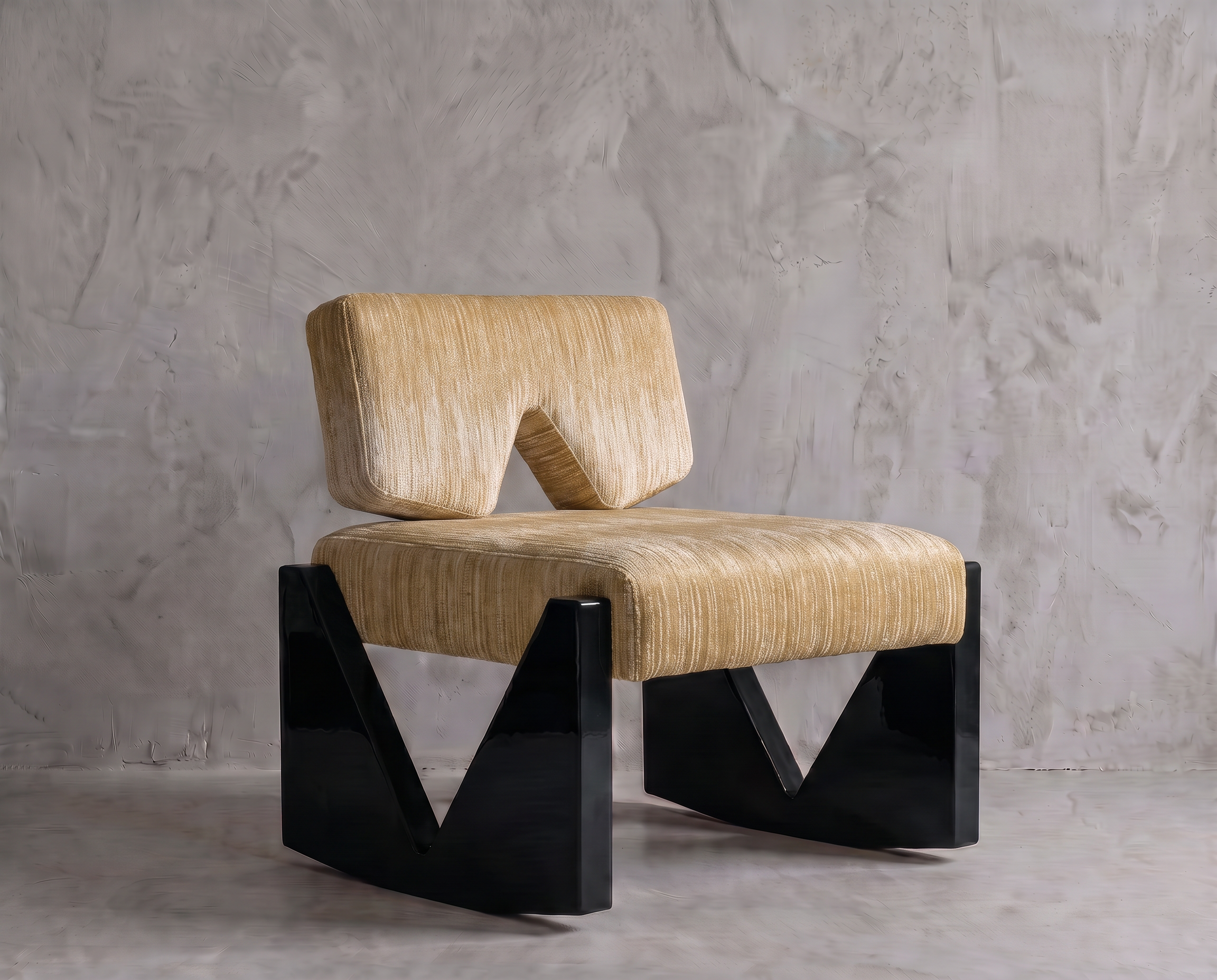 Slash Works Object 03 — lounge chair on a plaster backdrop, three-quarter view