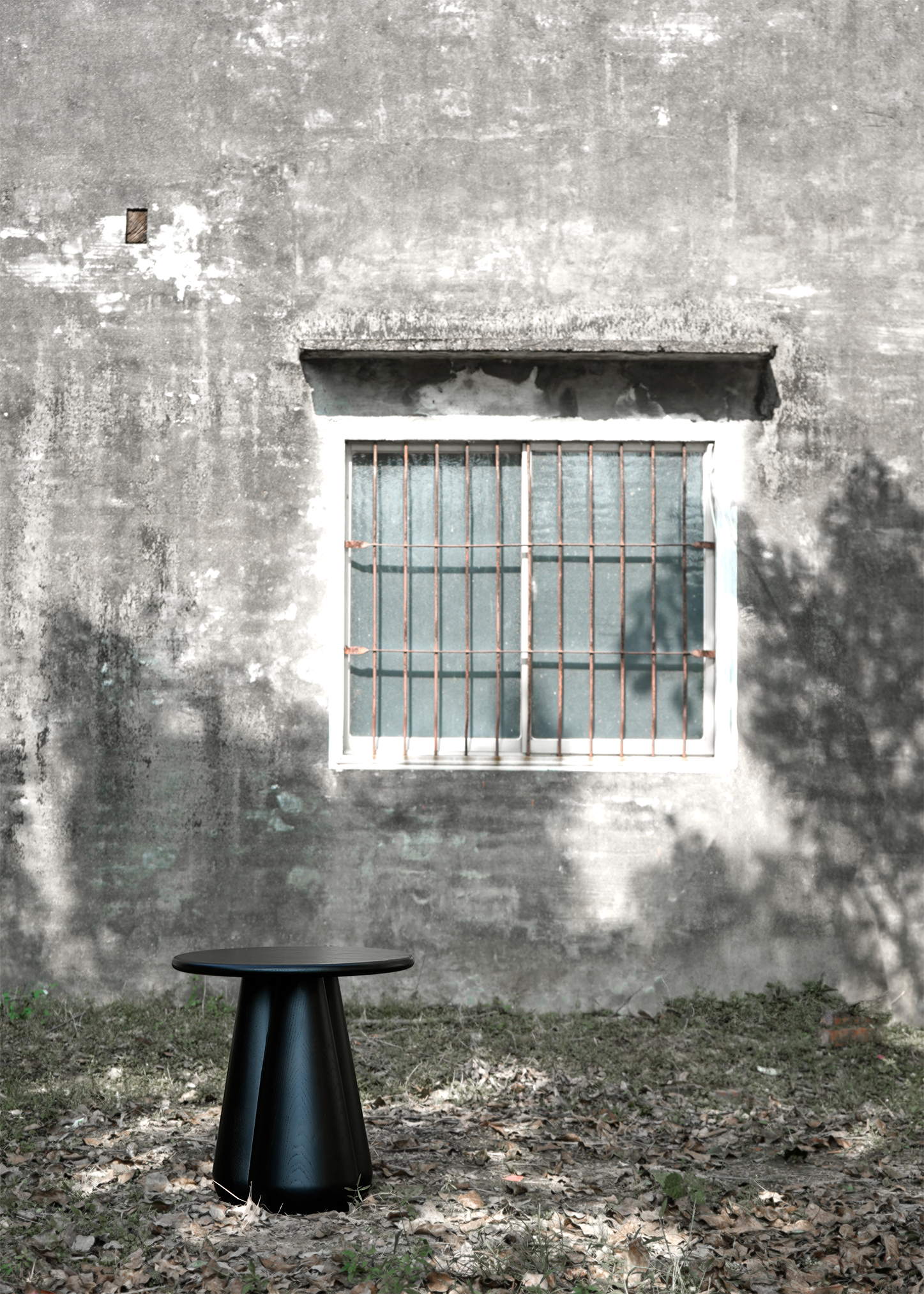 Slash Works Object 01 — black-stained version outdoors before a weathered wall and barred window