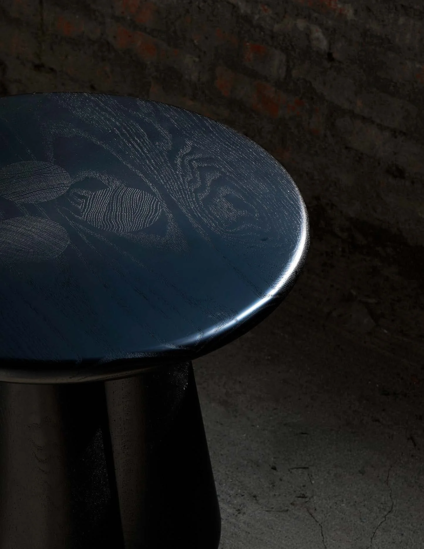 Slash Works Object 01 — close crop of the black-stained top edge and grain